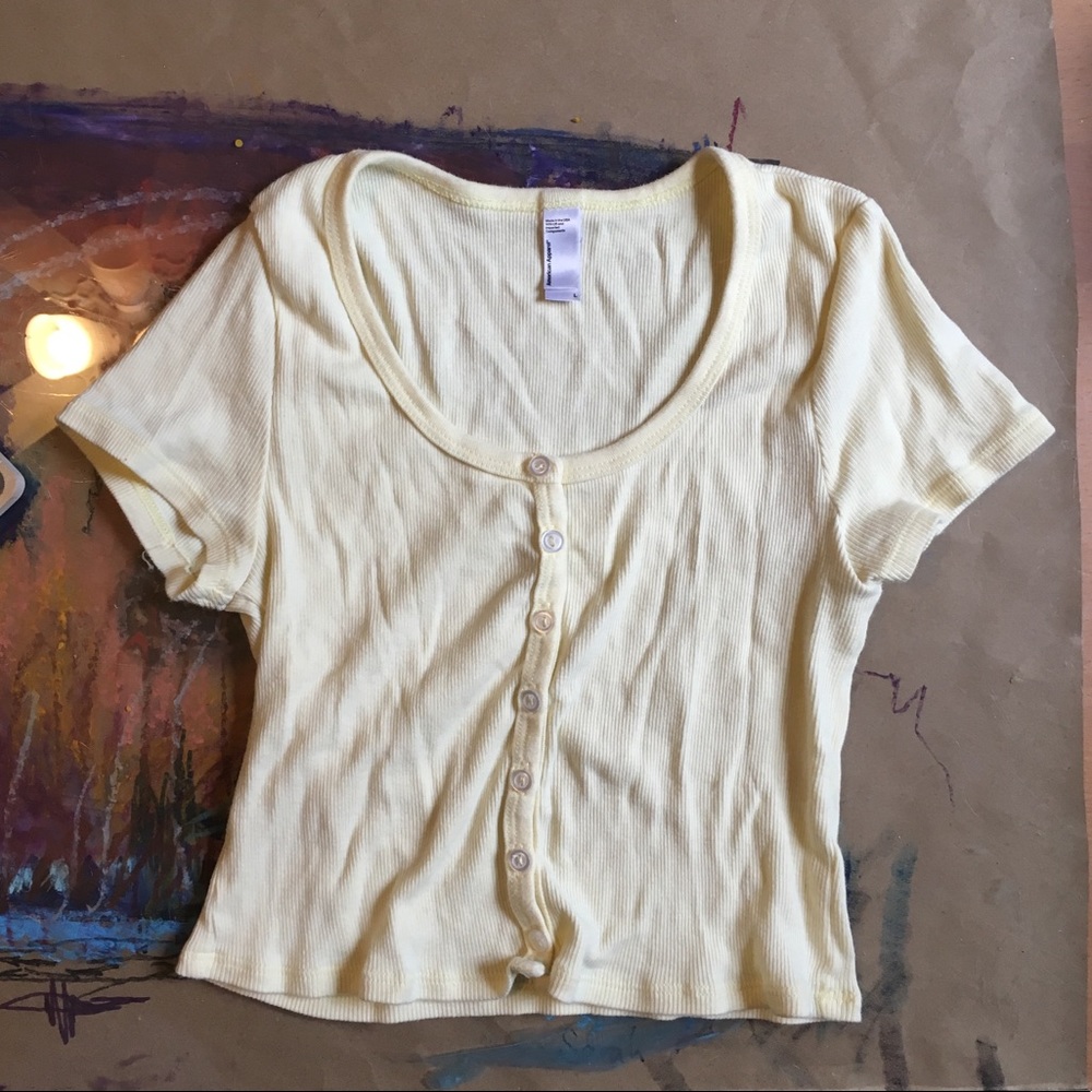 AA Yellow Ribbed Short sleeve Button Up Crop Top L